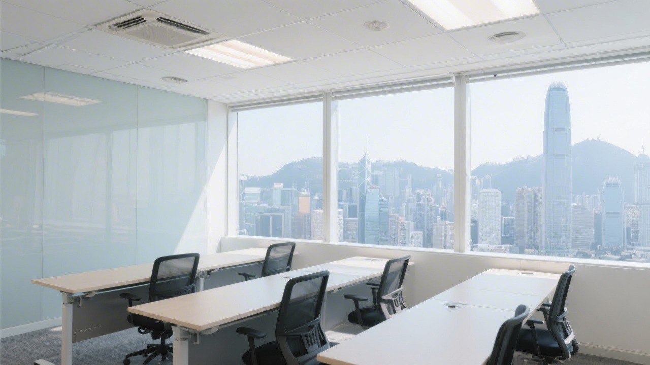 Bright Hong Kong office interior with minimal desks and city view, suggesting a modern learning environment for SEO training in a professional setting.