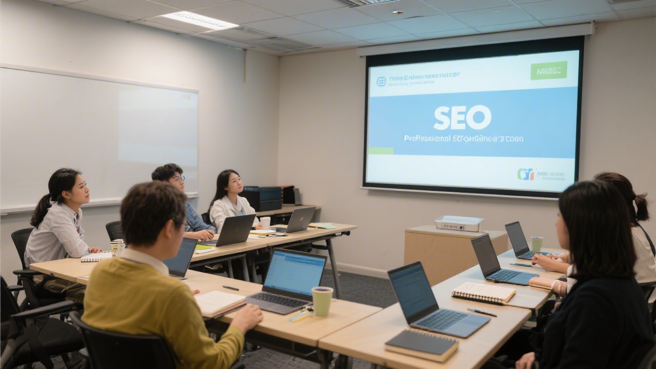 Small group training setup with laptops, notebooks, and a projector screen, emphasizing professional SEO education workshops in Hong Kong.