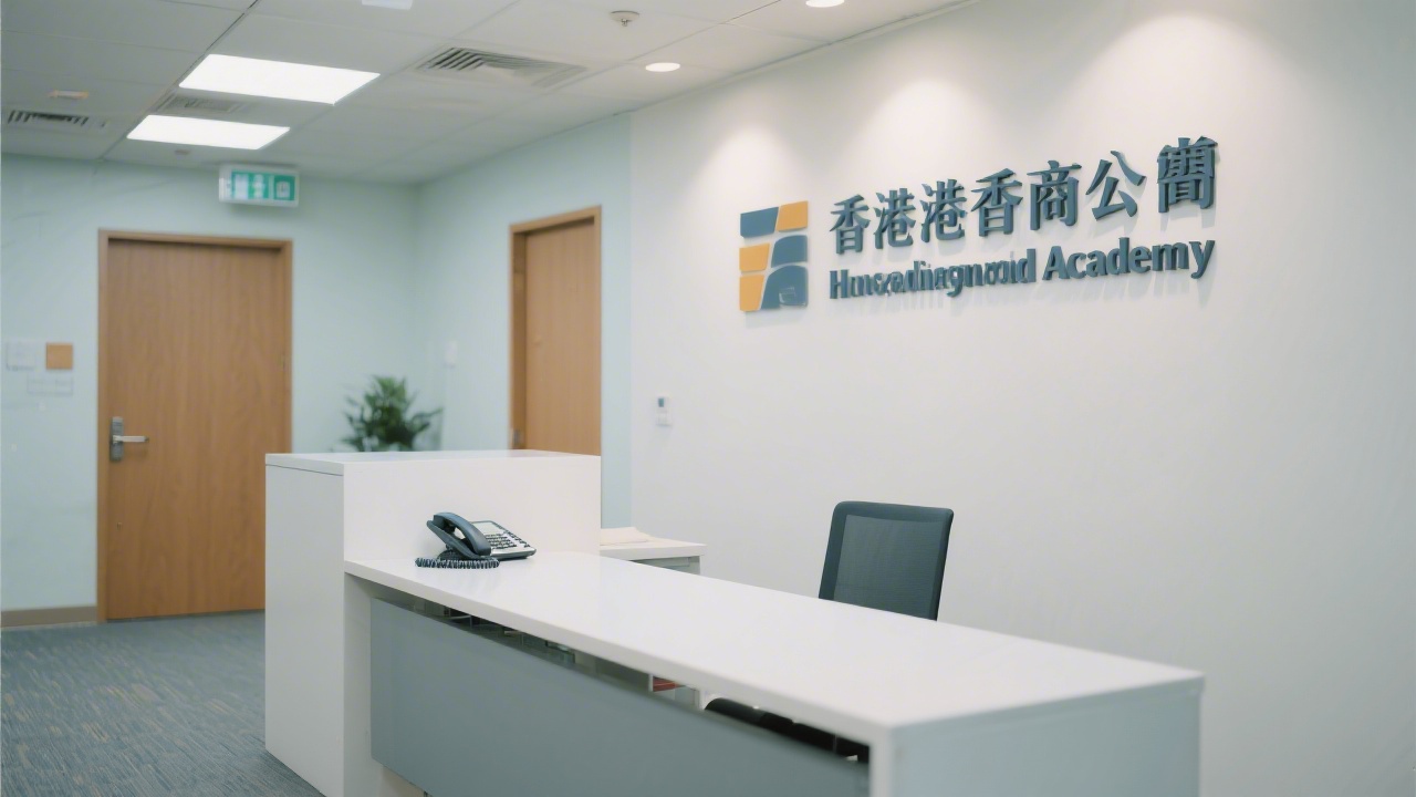 Reception area with a clean desk, phone, and Hong Kong business signage, conveying a professional contact environment for the academy.