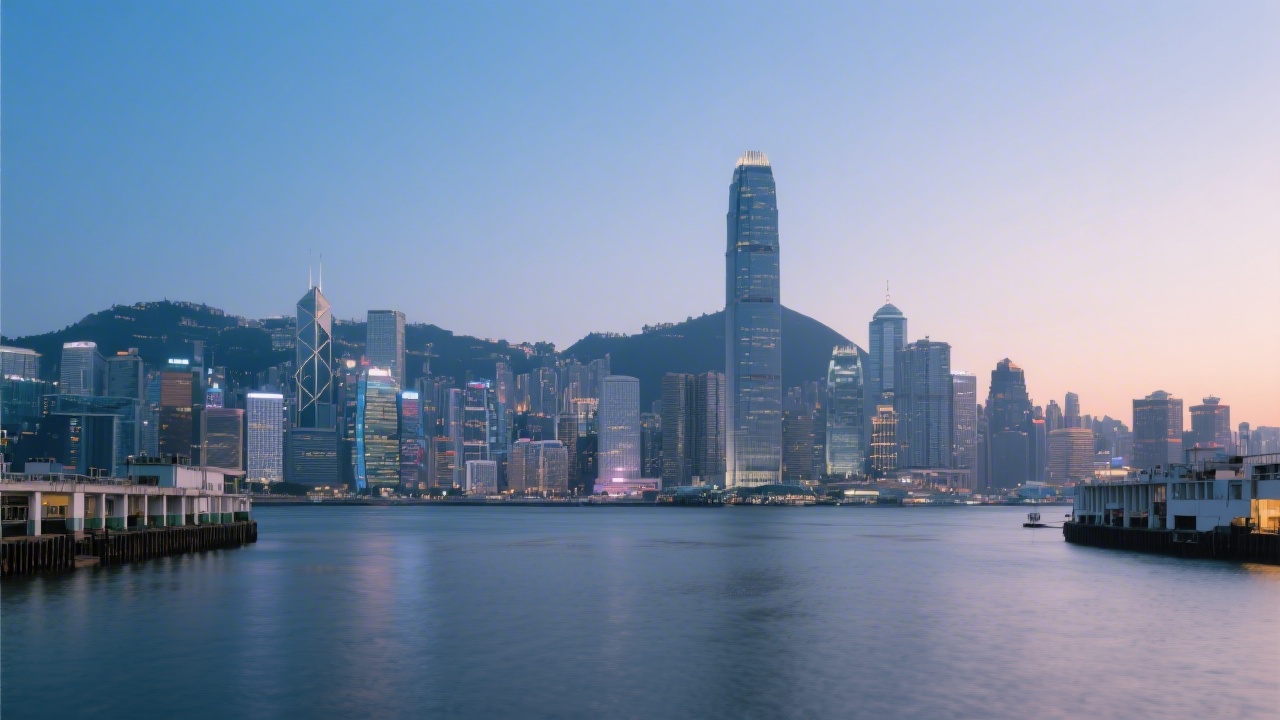 Modern Hong Kong skyline viewed from the harbor at dusk with clean corporate tones and room for text, illustrating a premium SEO academy identity.