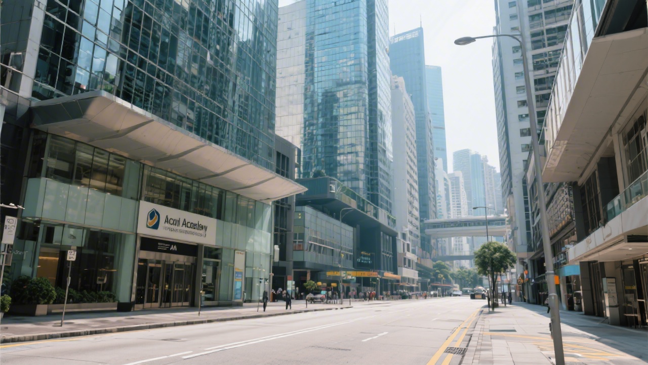 Exterior view of Central Hong Kong business district with tall buildings and clean streets, conveying a professional environment near the academy.