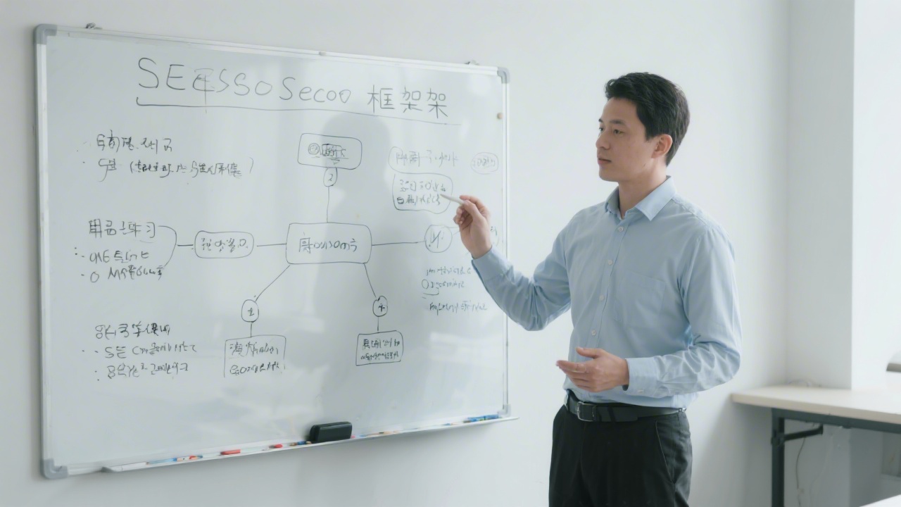 Professional instructor outlining SEO framework on a whiteboard with bilingual notes and diagrams, presenting structured learning in a calm environment.