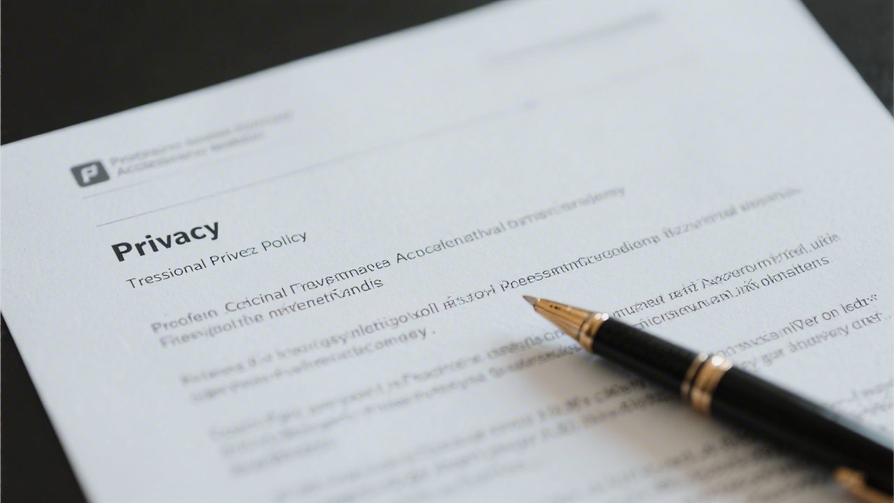 Close-up of a business document with privacy headings and a pen, representing a transparent and formal privacy policy for a professional academy.