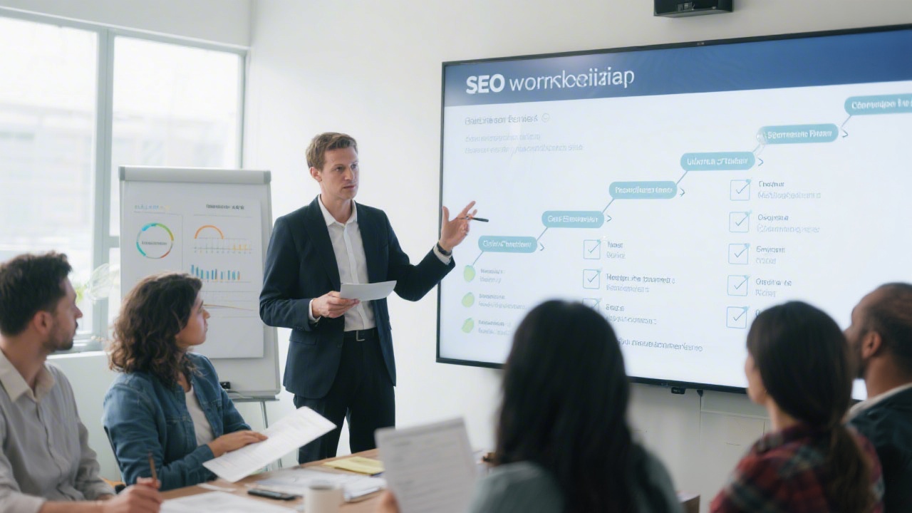 Facilitator presenting SEO workflow steps on a large display, with participants reviewing checklists and performance metrics during a professional workshop.