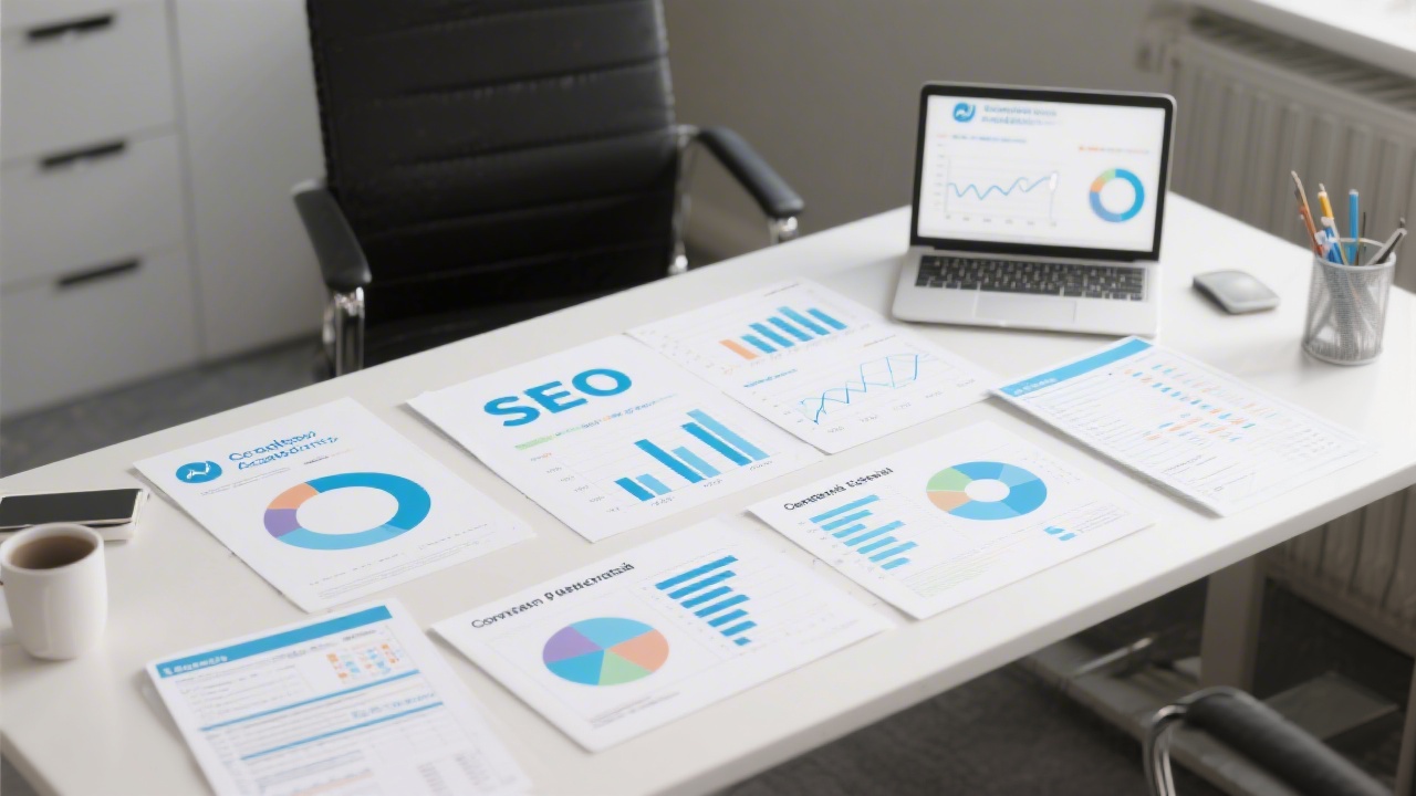 Professional desk with SEO reports, analytics charts, and bilingual content planning sheets, representing structured services offered by an academy.