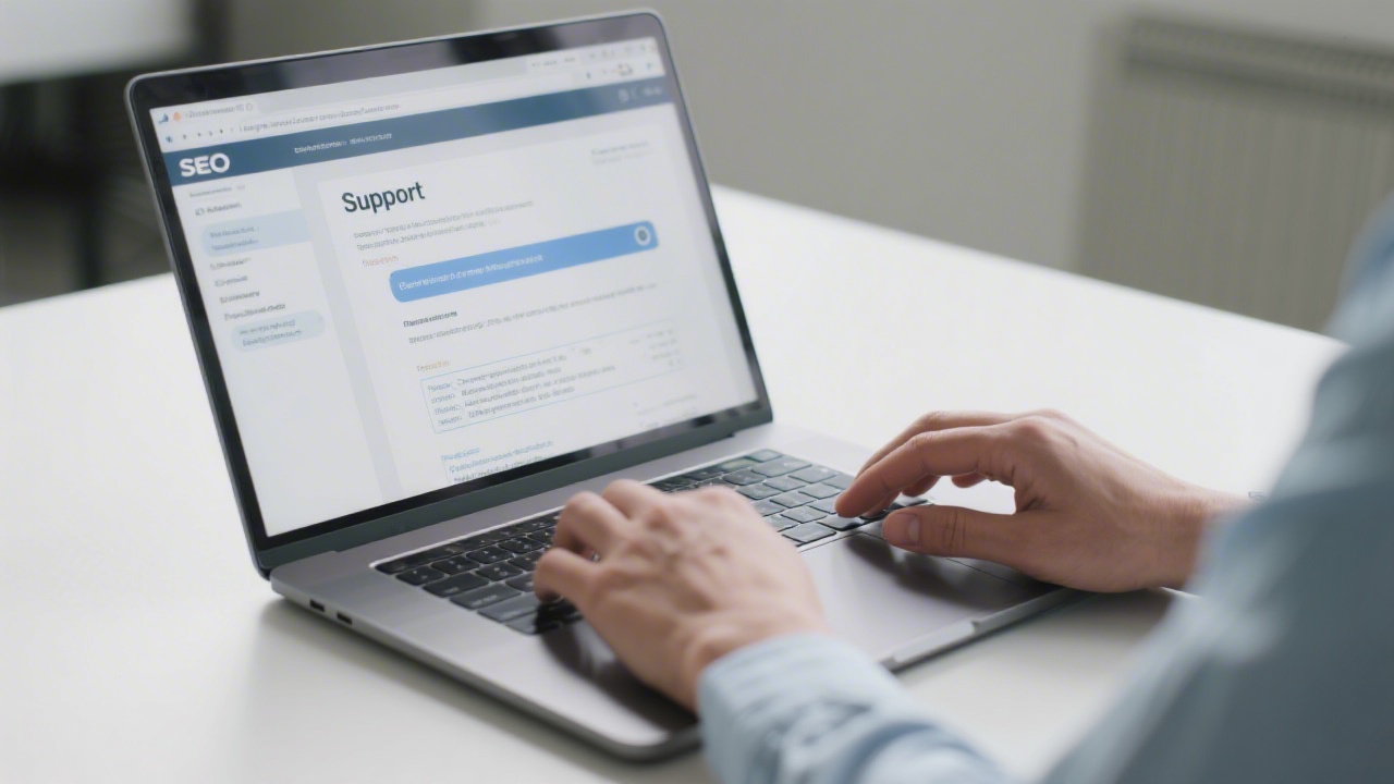Support specialist typing a response on a laptop with SEO documentation visible, showing a professional and attentive communication process.