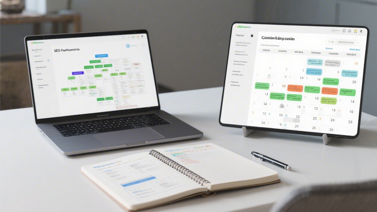Open notebook with SEO planning templates, a laptop displaying structured data, and bilingual content calendars representing organized course modules.