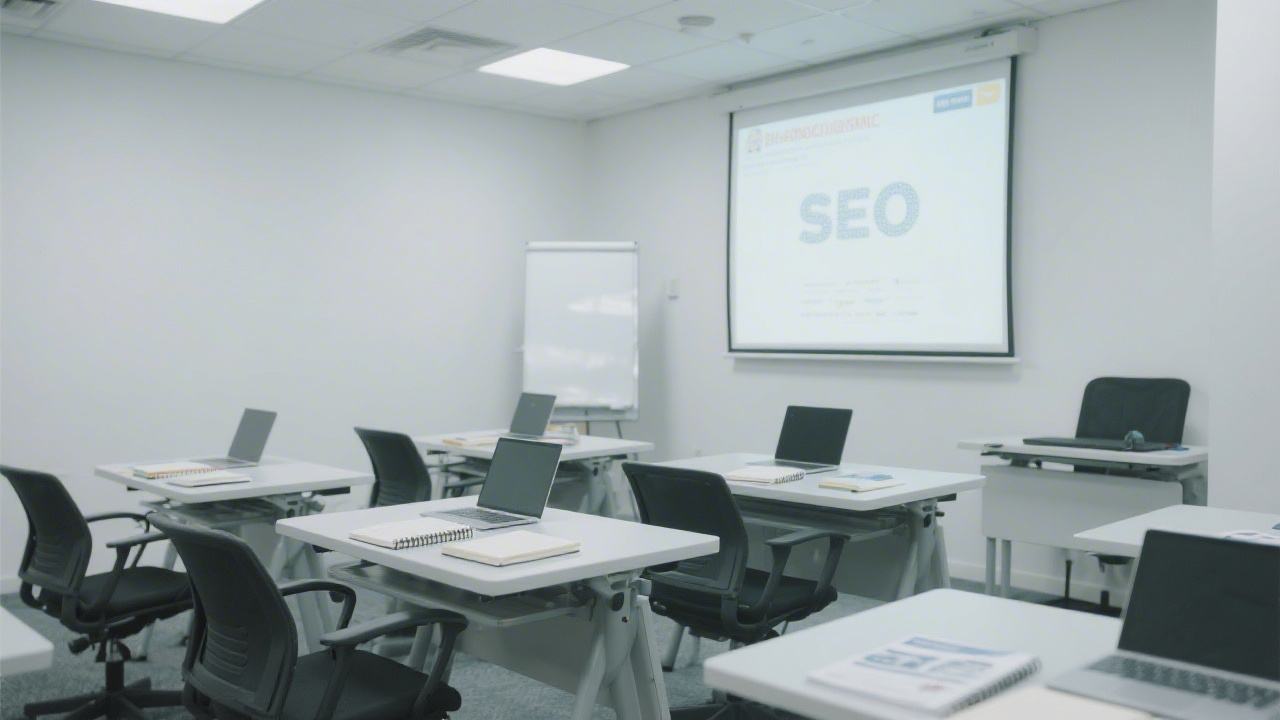 Minimal training room with laptops, notebooks, and Hong Kong business materials arranged for collaborative SEO instruction in a calm, modern workspace.